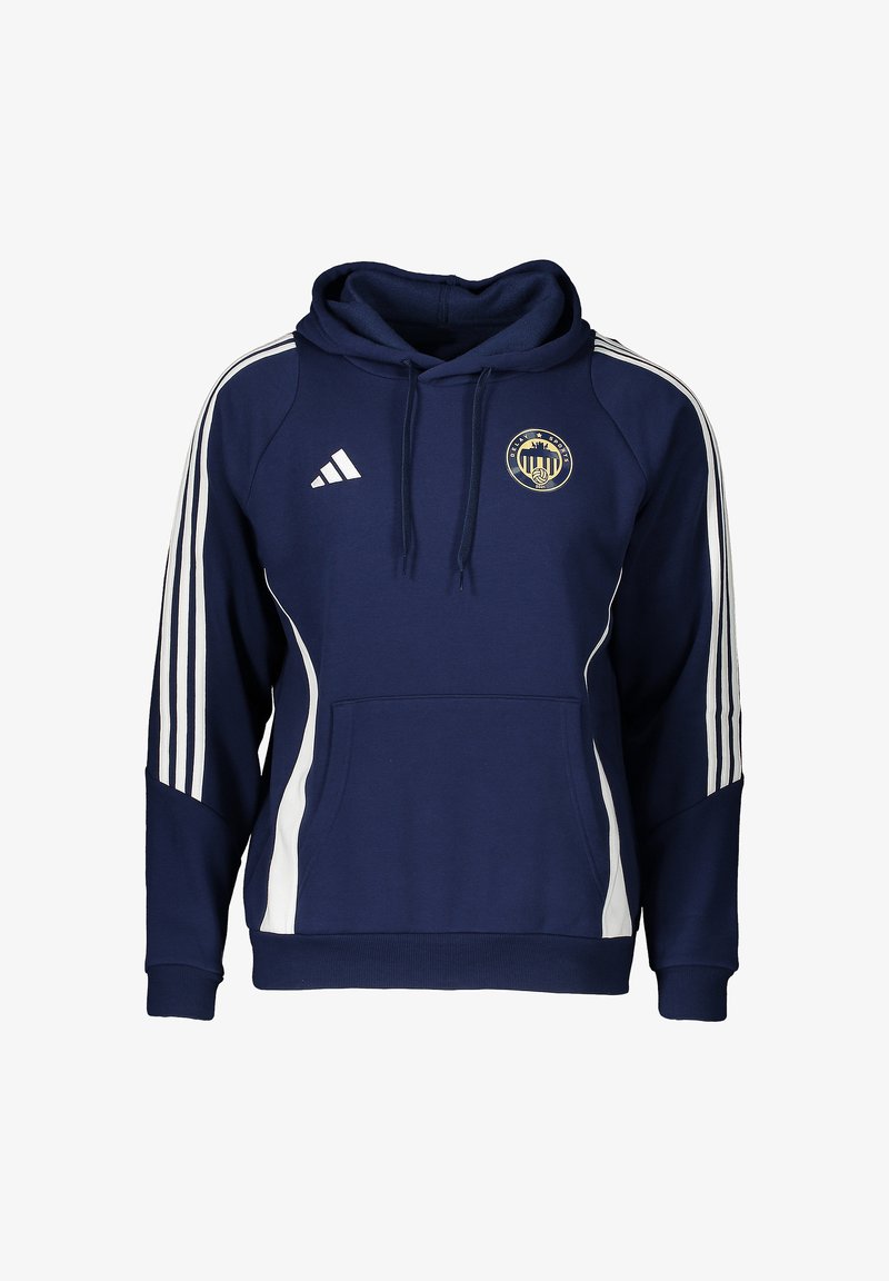 Marineblauwe sporthoodie met witte strepen op de mouwen, een voorvak, een capuchon met trekkoord, het Adidas-logo op de rechterborst en een sportembleem op de linkerborst.