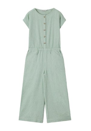Combinaison de couleur vert clair, manches courtes, boutonnée à l'avant, avec jambes larges et taille élastique, tissu texturé et encolure ronde.