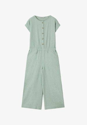 Combinaison de couleur vert clair, manches courtes, boutonnée à l'avant, avec jambes larges et taille élastique, tissu texturé et encolure ronde.