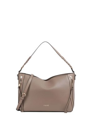 Borsa a tracolla in pelle color taupe con manico intrecciato, tracolla regolabile, cerniere anteriori e logo "LIU JO" impresso sul davanti.