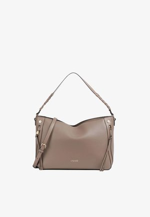 Borsa a tracolla in pelle color taupe con manico intrecciato, tracolla regolabile, cerniere anteriori e logo "LIU JO" impresso sul davanti.
