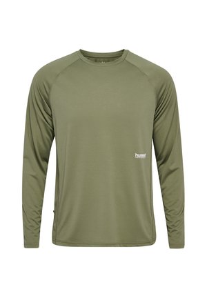 Długorękawowa oliwkowo-zielona sportowa koszulka z okrągłym dekoltem i małym białym logo „hummel” z przodu po lewej stronie na dole.
