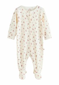 Krämfärgad babybody med små blommönster, långa ärmar, ribbad textur, tryckknappar framtill och med fötter.