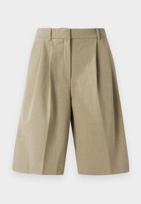 Beige lyhyt lahkeinen housut, joissa on pleidattu muotoilu, valmistettu kevyestä kankaasta. Ominaisuuksiin kuuluu vyötärö ja syvät etutaskut.