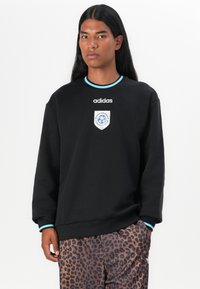 Sort sweatshirts med rund hals; har et Adidas-logo og et rundt m�ærke i blå og hvid. Farverige accenter på ærmerne.