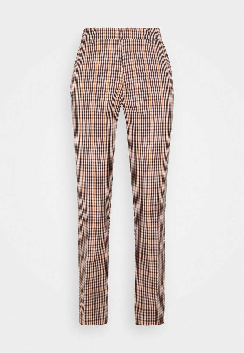 Pantalons à carreaux présentant une palette de couleurs brun, orange et crème. Coupe slim avec une texture lisse et une taille plate.