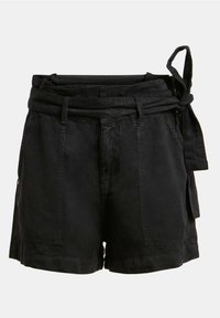 Zwarte katoenen shorts met een brede tailleband en strikdetail, voorzien van twee voorzakken en een ontspannen snit. Soepele structuur.