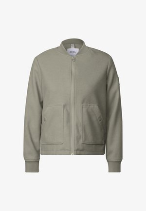 Un sweat-shirt veste vert olive avec fermeture à glissière, col rond, et deux poches avant. Fabriqué en matériau doux et texturé.