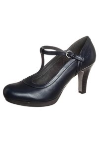 Marinblå läder T-rem pump med rund tå, vadderad insida och en 7,5 cm klack. Har en silverfärgad spänne som accent på remmen.