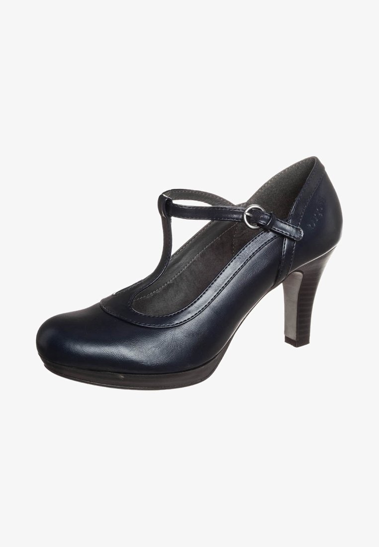 Navy blue leather T-strap pump with a rounded toe, padded interior, and a 3-inch block heel. Features a silver buckle accent on the strap.