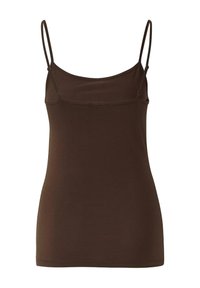 Bruine katoenen tanktop met dunne verstelbare bandjes, een ronde halslijn en een aansluitende silhouet, gemaakt van gladde, rekbare stof.