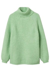 Pull vert clair en maille avec un col cheminée haut, une texture côtelée et des manches allongées. Coupe décontractée avec un ourlet droit.