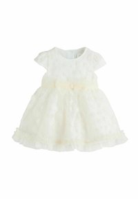 Abito avorio chiaro con maniche corte, tessuto ricamato floreale, bordi in pizzo, tessuto morbido e un fiocco in satin in vita.