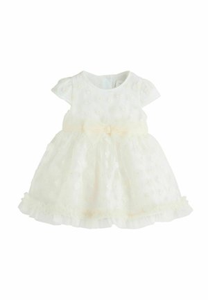 Abito avorio chiaro con maniche corte, tessuto ricamato floreale, bordi in pizzo, tessuto morbido e un fiocco in satin in vita.