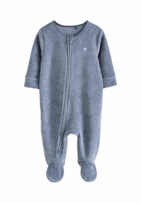 Grå fleece baby heldragt med lange ærmer, lynlås foran og fødder; har en lille stjerne broderet på brystet.