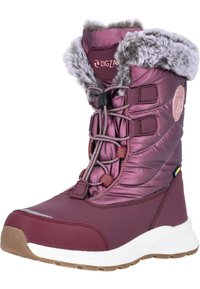 Botte d'hiver isolée violette avec col en fourrure, système de laçage rapide, semelle en caoutchouc et dessus en tissu texturé pour temps froid.