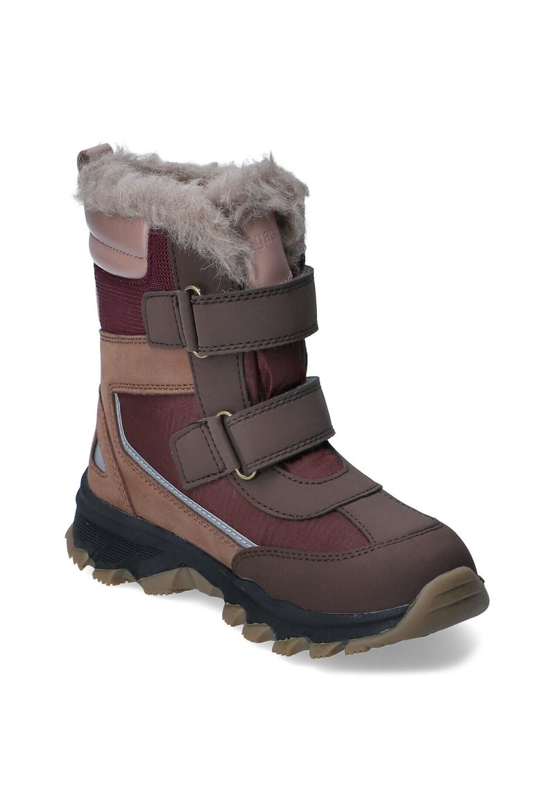 Braune und burgunderrote wasserdichte Stiefel mit Klettverschluss, flauschigem Besatz, strukturiertem Stoff und einer robusten Gummisohle für guten Halt.