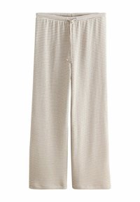 Helle beige weit geschnittene Hose aus einem weichen, texturierten Stoff mit dezenten horizontalen Streifen. Mit elastischem Bund und Kordelzugdetail.