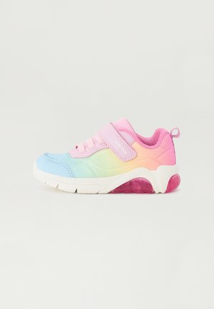 Colorful sneaker with a gradient design in blue, green, yellow, and pink. Features a Velcro strap and textured, cushioned sole.