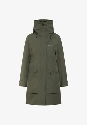Groene waterdichte parka met een hoge kraag, verstelbare capuchon en twee met ritsen afsluitbare voorzakken. Heeft een minimalistisch ontwerp en een gladde textuur.