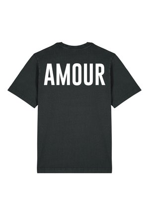 Zwarte katoenen T-shirt met het woord "AMOUR" in gedurfde witte hoofdletters op de achterkant. Korte mouwen en ronde hals.