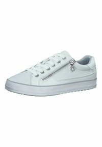 Weiße Sneakers mit einem perforierten Design, Schnürung vorne und seitlichem Reißverschluss. Strukturierte Gummisohle mit flachem Absatz.