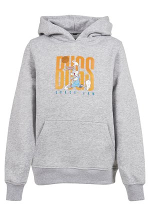 Grå hættetrøje med en frontgrafik af Bugs Bunny, med "Bugs" i orange og "Space Jam" i blå, kængurulomme og ribbet manchetter.