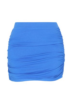 Blauwe mini-rok met geplooide details, een elastische tailleband en geplooide stof aan de zijkanten, gemaakt van zacht rekbaar materiaal.