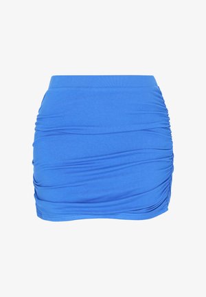 Blauwe mini-rok met geplooide details, een elastische tailleband en geplooide stof aan de zijkanten, gemaakt van zacht rekbaar materiaal.