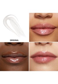 Drie lipkleuren in glanzende finishes. Boven links is een swatch van een heldere gloss. Onder links bevindt zich een diepe bruine tint, onder rechts is een zachte roze.