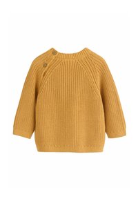 Mostardno rumeno pleteno jopico z dolgimi raglan rokavi, rebrastimi manšetami in dvema lesenima gumboma na rami. Teksturedni tkaninski vzorec.