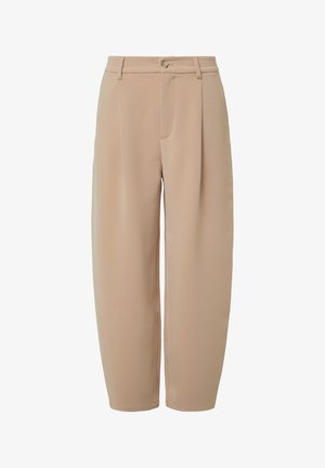 Beżowe spodnie o szerokich nogawkach wykonane z gładkiej tkaniny, z zapięciem na guzik, przednimi zakładkami i bocznymi kieszeniami dla swobodnego dopasowania.