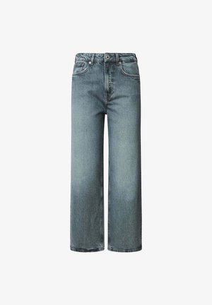 Traperice širokog kroja visoka struka u svijetloplavom denimu, s prednjim džepovima, zatvaranjem na dugme i suptilnim izbljeđivanjem po cijeloj površini.