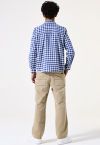 Camisa de cuadros azul y blanca de manga larga, combinada con pantalones beige. La camisa tiene un cuello estándar y un dobladillo curvado, con pliegues en la parte trasera.