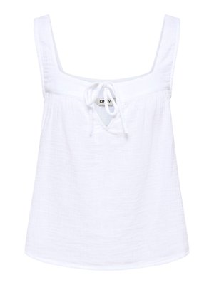 White sleeveless blouse with square neckline and front tie detail, made of lightweight, textured fabric.