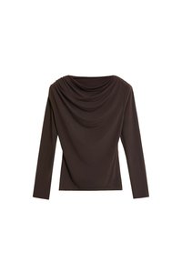 Brown long-sleeve top with draped neckline, smooth fabric, and fitted silhouette. No visible patterns or accents.