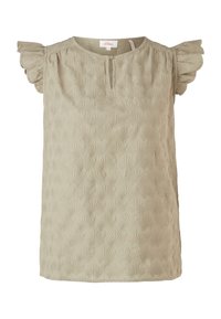 Haut beige clair avec manches courtes à volants, tissu texturé présentant un motif de feuilles répétées et une petite fente au niveau du col.