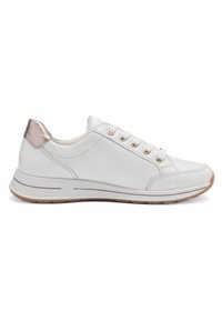 White low-top sneaker with metallic rose gold heel tab, white laces, gold eyelets, and light brown rubber sole.
