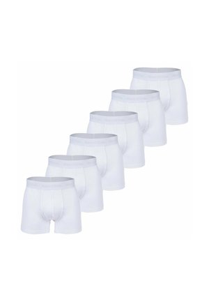 Weiße Boxershorts aus weichem Stoff mit einem grauen Markenbund. Besteht aus sechs paaren, die in einer Reihe angeordnet sind.