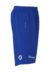 Blauwe sportshorts van lichtgewicht polyester met een elastische tailleband, ademende meshstructuur en witte logo-details.