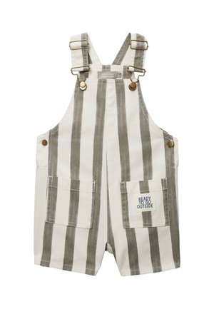 Salopette pour tout-petit à rayures verticales blanches et grises, avec bretelles réglables, poches avant et texte "READY TO GO OUTSIDE" sur une poche.