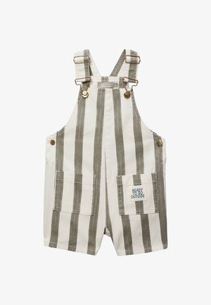 Salopette pour tout-petit à rayures verticales blanches et grises, avec bretelles réglables, poches avant et texte "READY TO GO OUTSIDE" sur une poche.