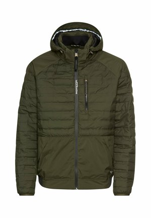 Olive green insulated jacket with a zippered front, hood, and side pockets. Features quilted texture and contrasting interior lining.