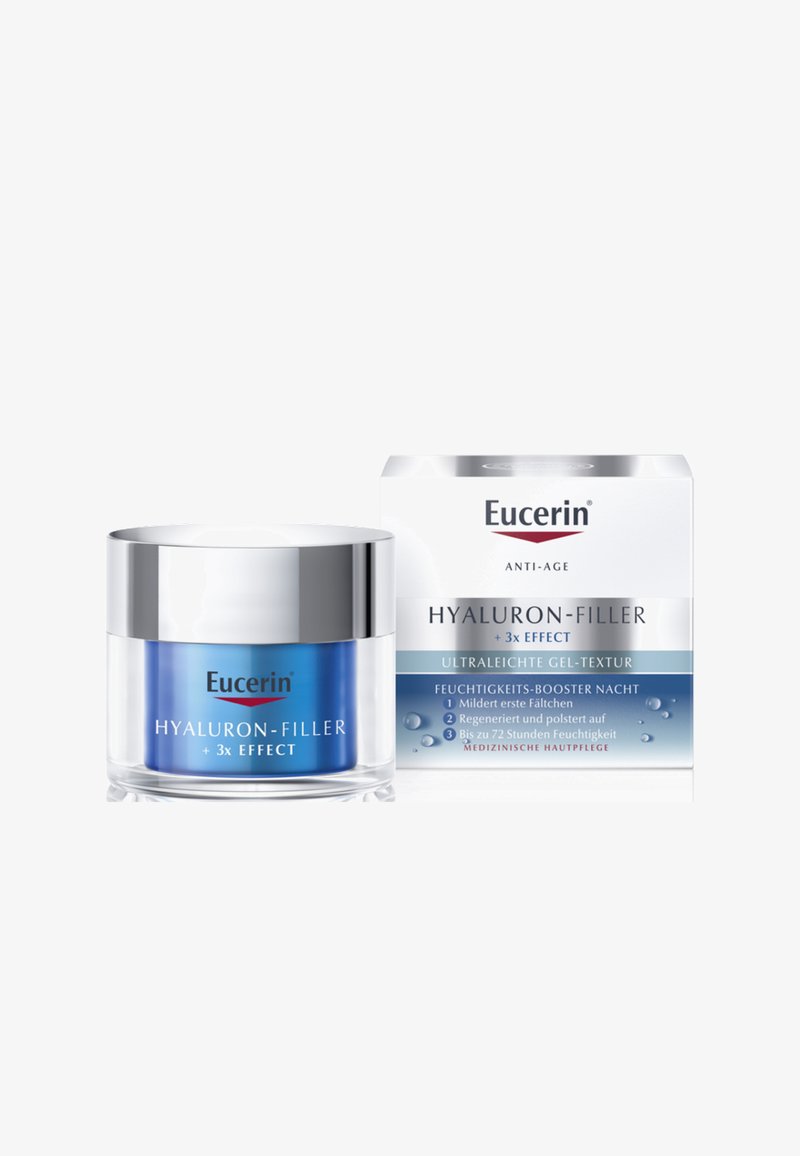 Eucerin Hyaluron-Filler cream in a round glass jar with a silver lid, featuring a blue base and white box with blue accents and text.