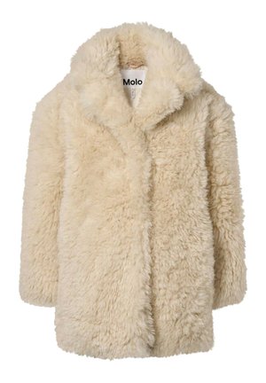 Cappotto in ecopelliccia color crema con maniche lunghe e ampio colletto, etichettato Molo.