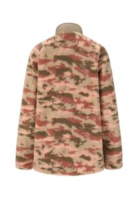 Fleecejacka med grön, rosa och beige camouflage-mönster, hög krage och långa ärmar, visad bakifrån mot vit bakgrund.