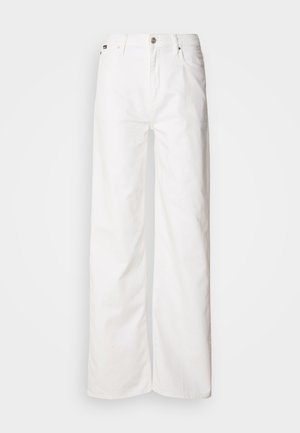 White wide-leg jeans made of cotton blend fabric, featuring a front button closure, belt loops, and two front pockets. Smooth texture.