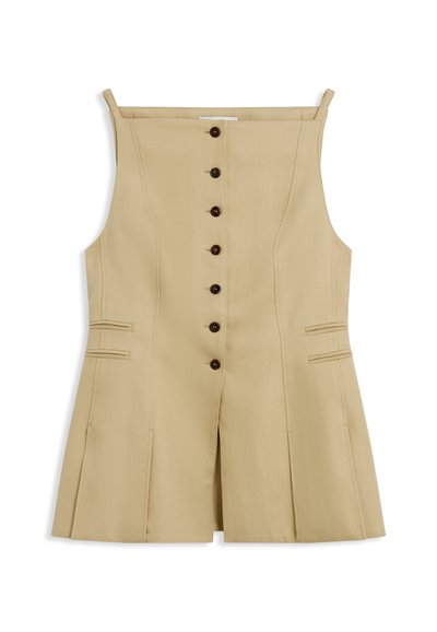 Μπεζ αμάνικο φόρεμα με τετράγωνη λαιμόκοψη, κούμπωμα με κουμπιά στο μπροστινό μέρος, δύο οριζόντιες τσέπες και σκίσιμο στο κέντρο μπροστά.