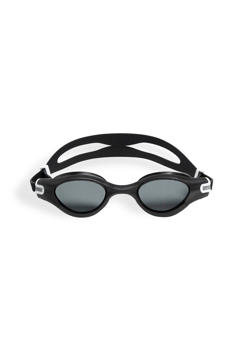 Crne plivačke naočale s zatamnjenim lećama, teksturiranim okvirom i elegantnim dizajnom. Imaju dvostruku silikonsku traku za sigurno pristajanje.