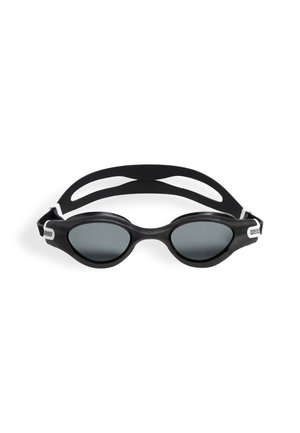 Black swimming goggles with tinted lenses, textured frame, and a sleek design. Features a double silicone strap for secure fit.